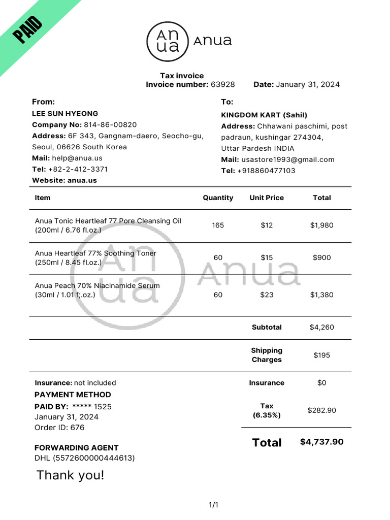 Anua Invoice Summary for US Distributors | PDF