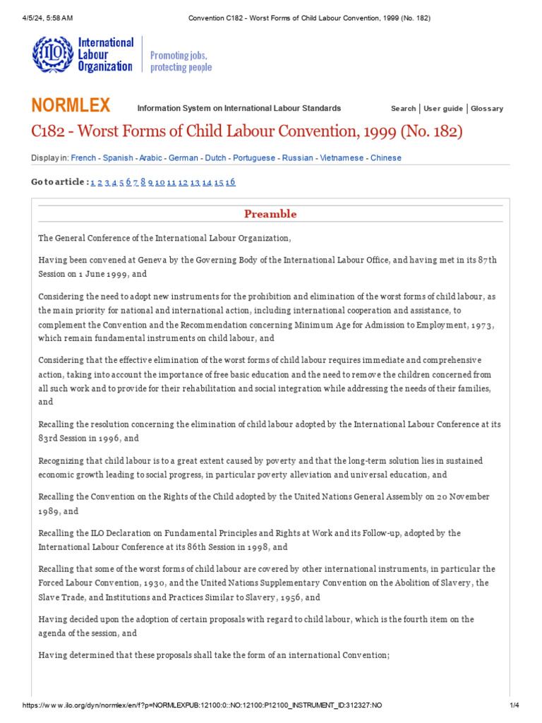 Worst Forms of Child Labour Convention, 1999 (No. 182) | PDF ...