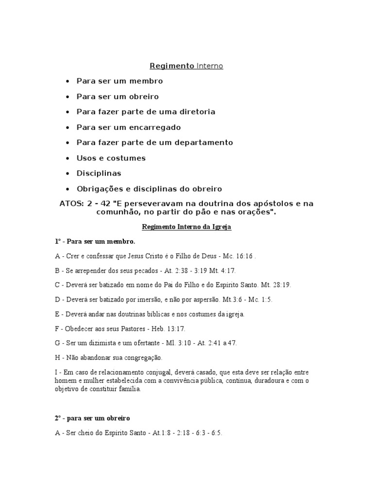 Regimento Interno Da Igreja Batismo Comportamento