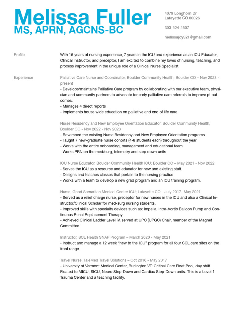 cns resume 1 PDF Nursing Intensive Care Unit