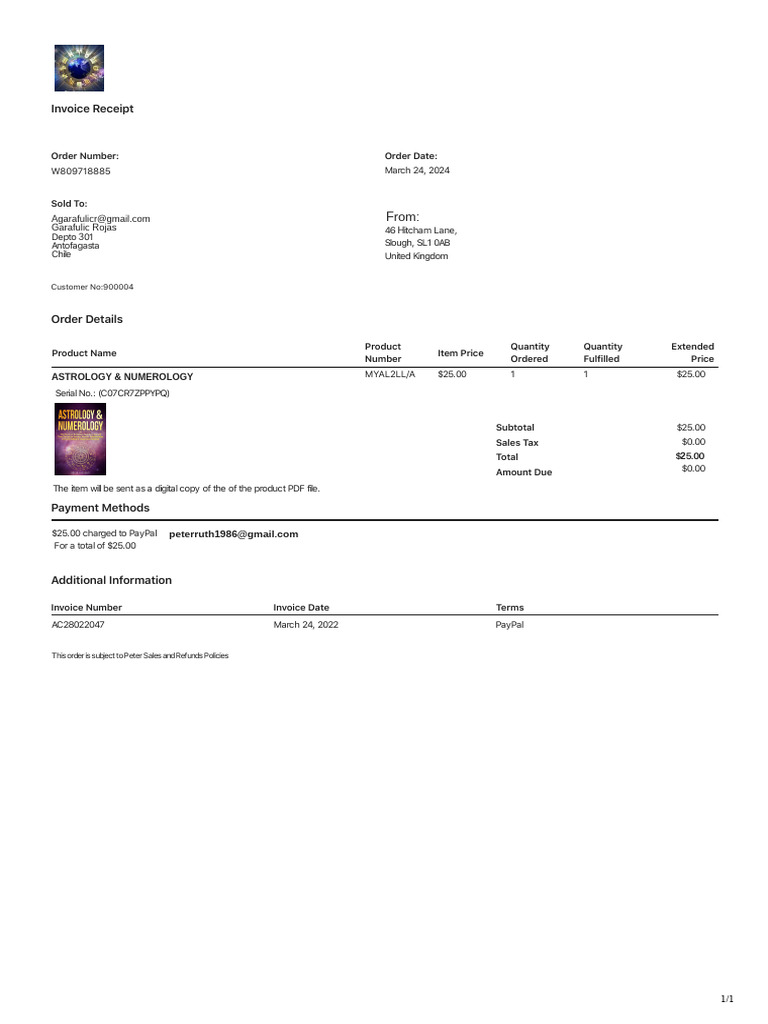 Invoice for Digital Astrology Product | PDF