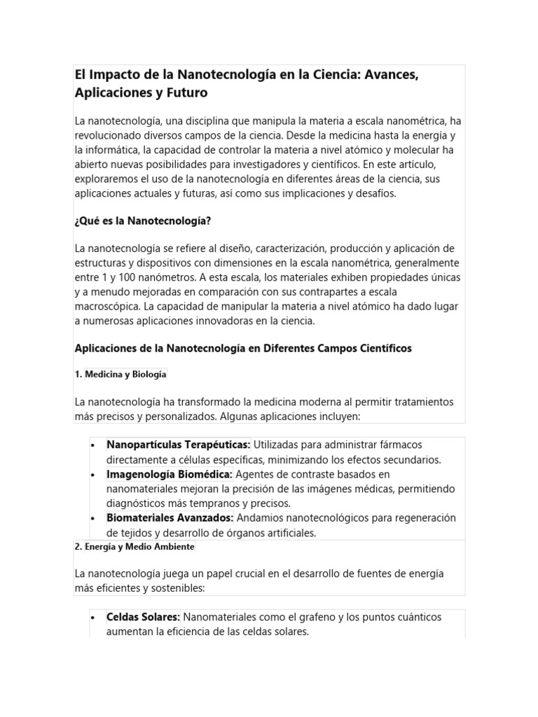 El Impacto de La Nanotecnología en La Ciencia Avances, Aplicaciones y ...