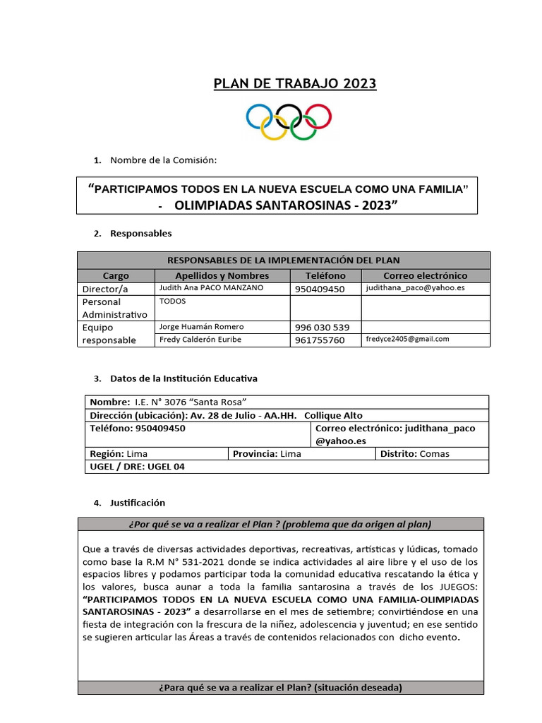 Plan de Trabajo de Olimpiadas 2023 Secundaria-1 | PDF | Deportes ...