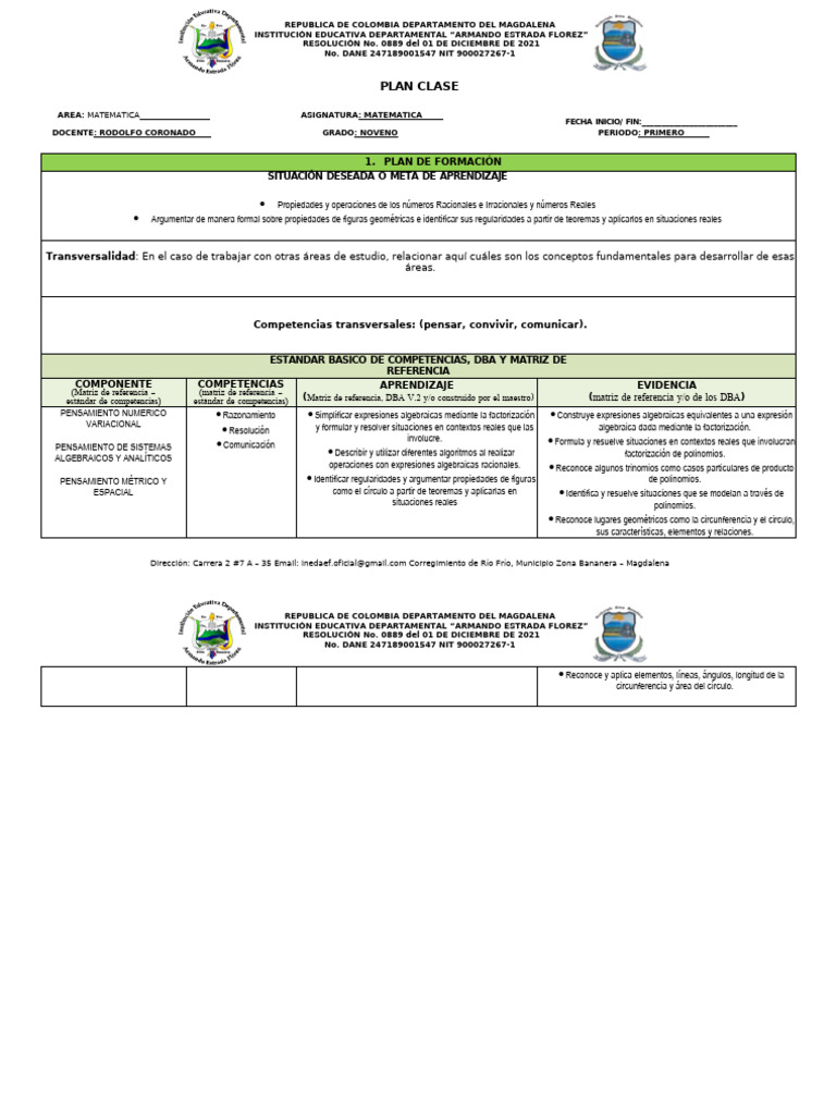 Formato Plan de Clases Matematicas Grado 9 | PDF | Factorización ...