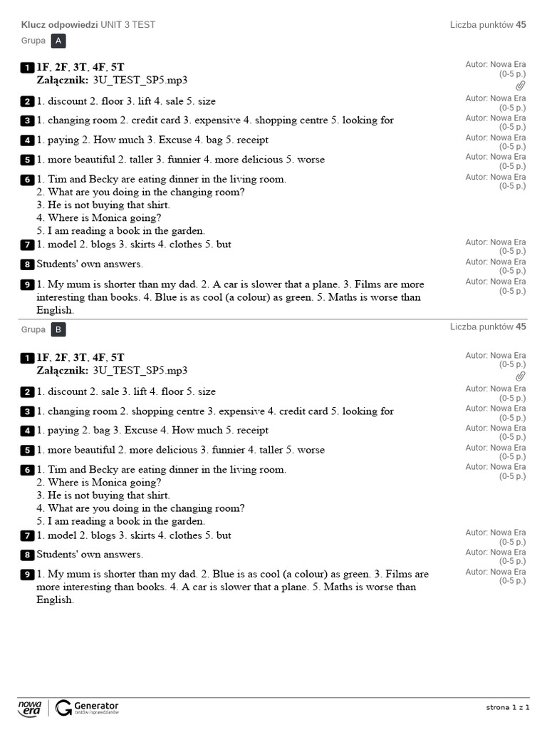Unit 3 Test Answer Key | PDF