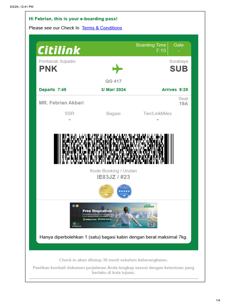 E-Boarding Pass Penerbangan Bali-Surabaya | PDF