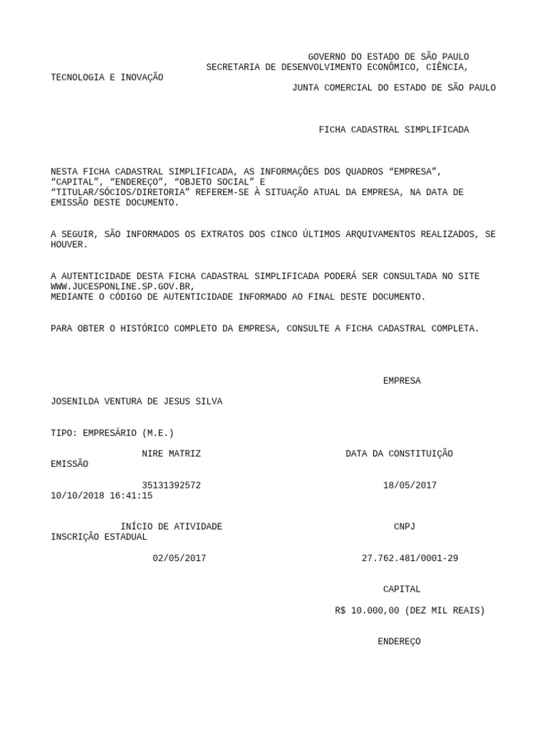 Ficha Jucesp Josenilda Ventura De Jesus Silva Me PDF S o Paulo Brasil