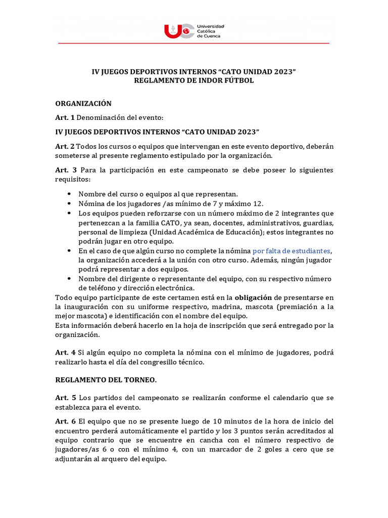 Reglamento del Torneo de Indor 2023 | PDF | Árbitro | Deportes