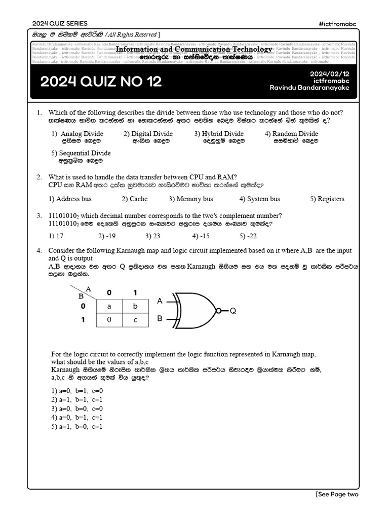 2024 ICT Quiz Questions and Answers | PDF | Computer Hardware | Computing