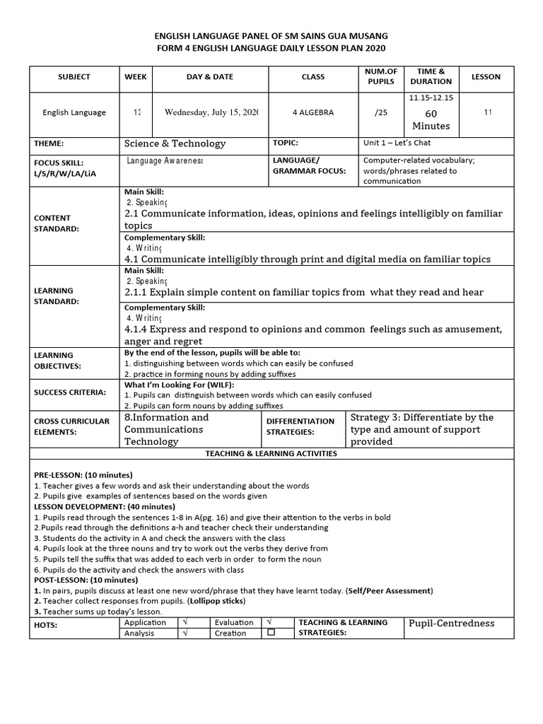 Form 4 English Daily Lesson Plan | PDF | English Language | Word