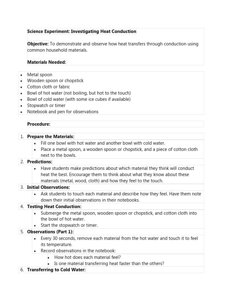 Science Experiment heat transfer by conduction PDF Thermal