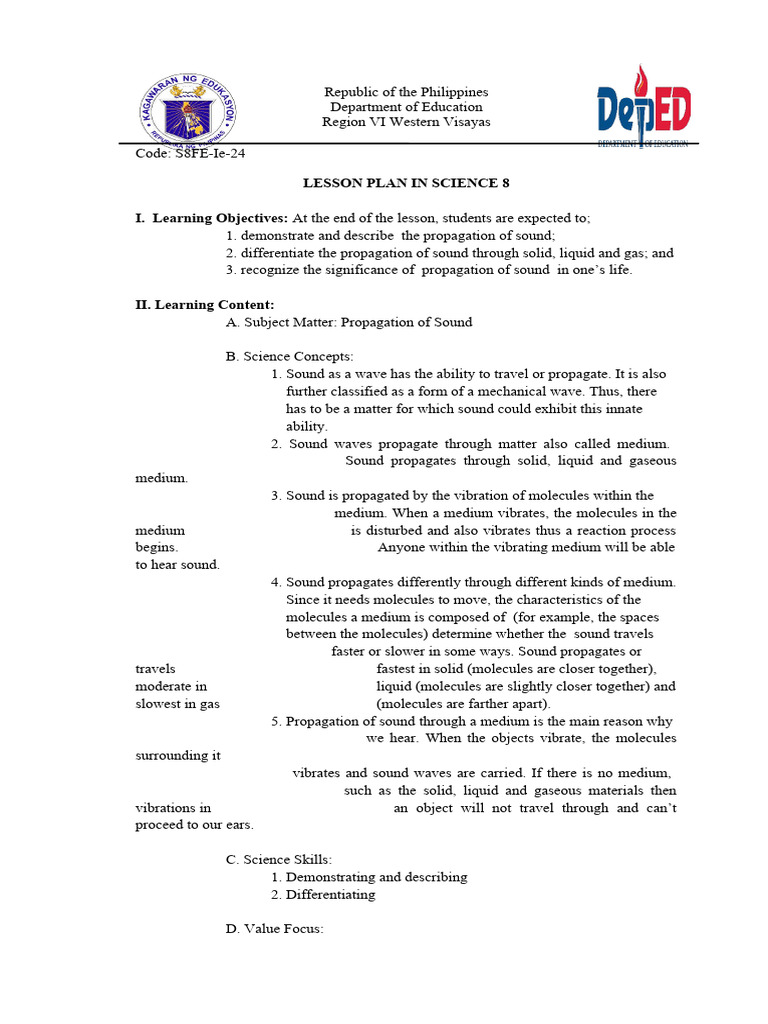 Sound Propagation Lesson Plan for Grade 8 | PDF | Sound | Waves