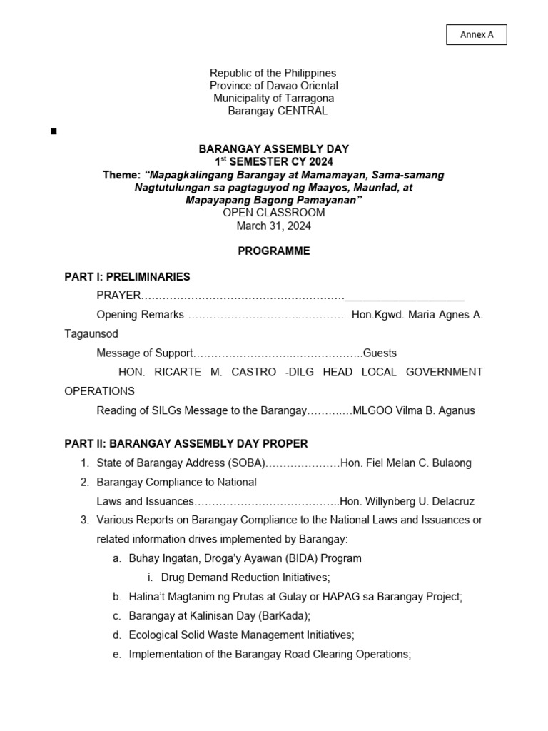 Barangay Assembly Day Program 2024 | PDF