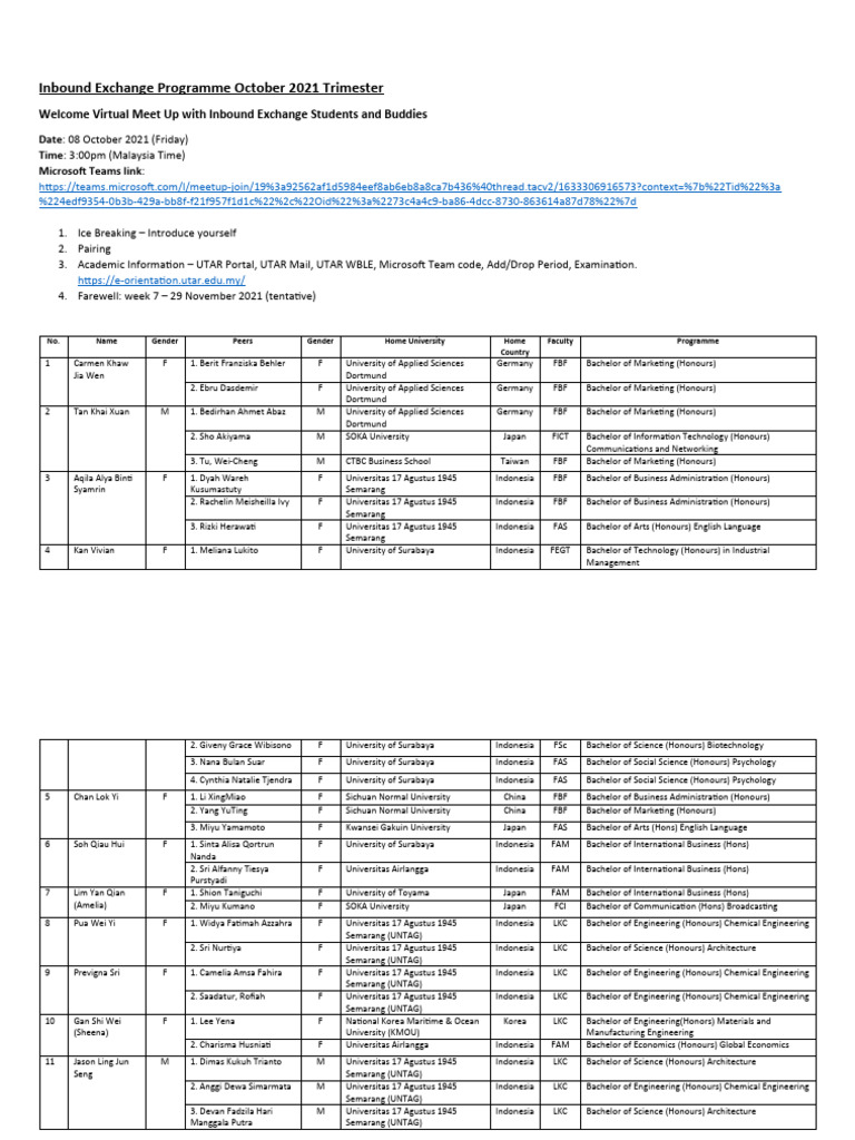 Inbound Exchange Programme October 2021 Trimester Pdf