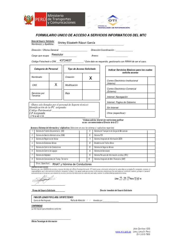 Formulario Unico de Acceso a Servicios Informaticos Del Mtc | PDF ...