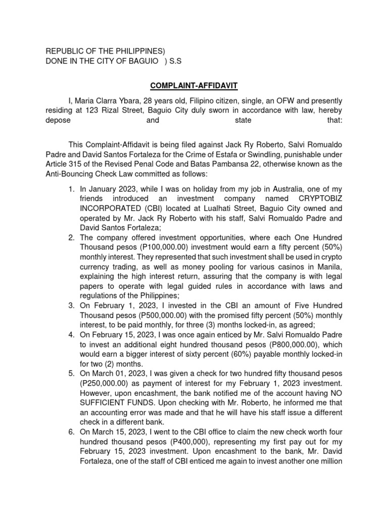Complaint Affidavit Estafa Download Free Pdf Affidavit Money