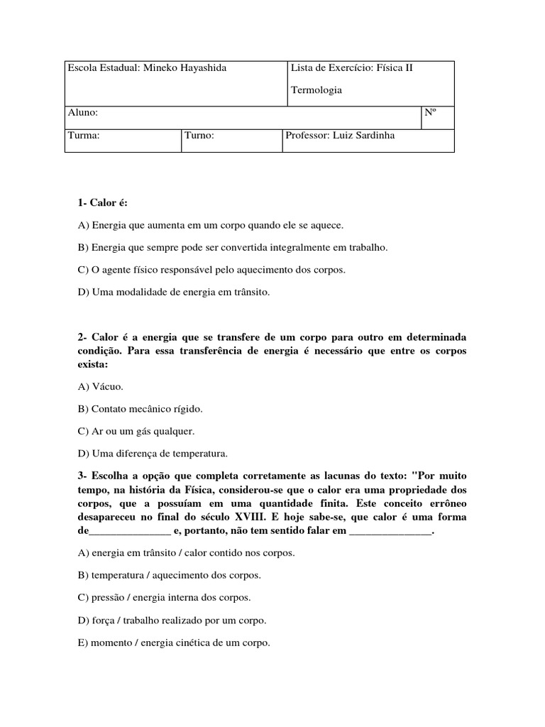 Exercícios de Física Termologia | PDF | Calor | Temperatura