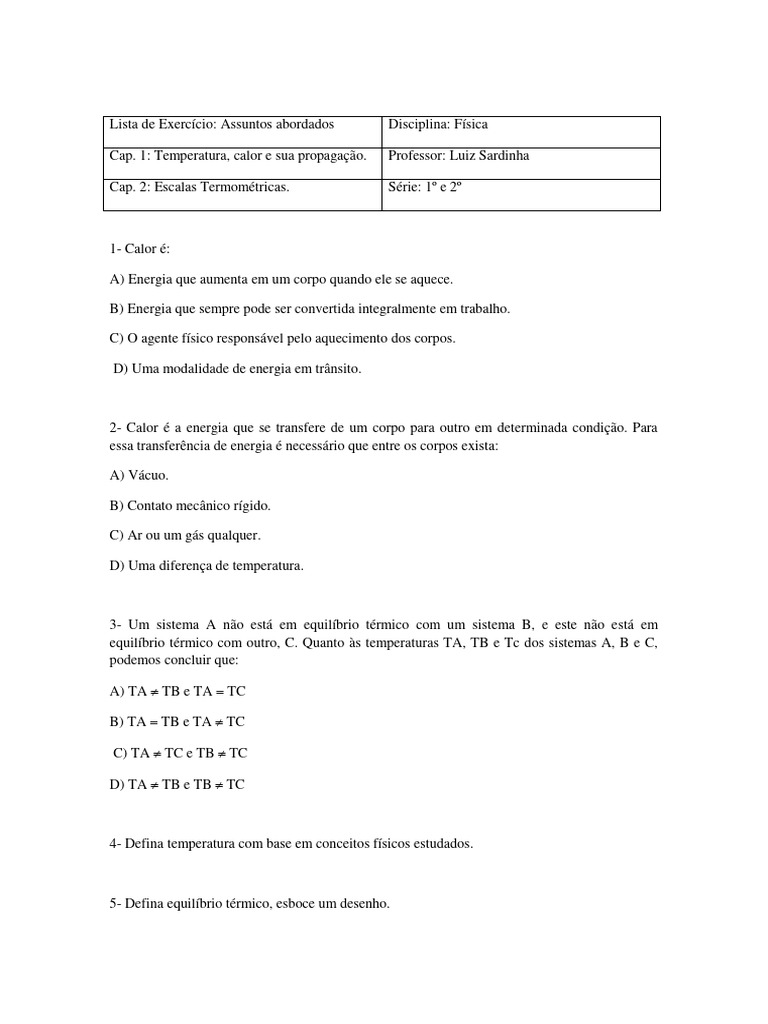 Termologia: Exercícios de Física | PDF | Temperatura | Fahrenheit