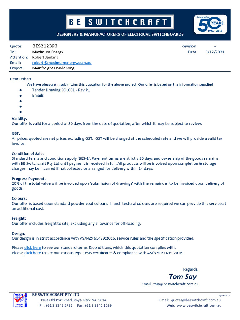 Switchboard Design Quotation Overview | PDF | Value Added Tax