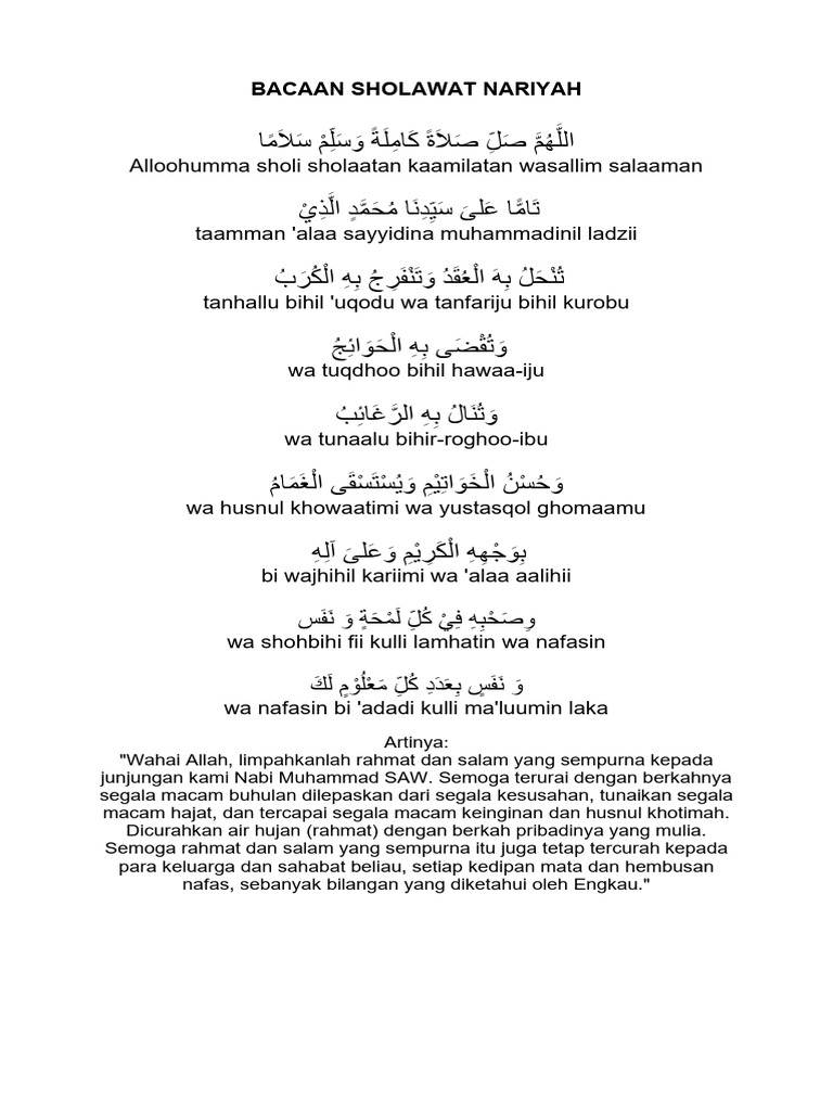 Arti dan Teks Sholawat Nariyah | PDF