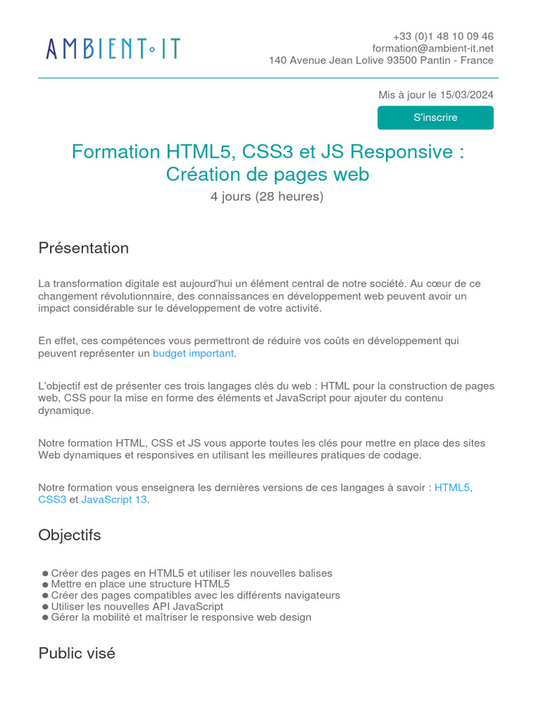 Formation HTML5, CSS3 et JS Responsive | PDF | HTML5 | Html