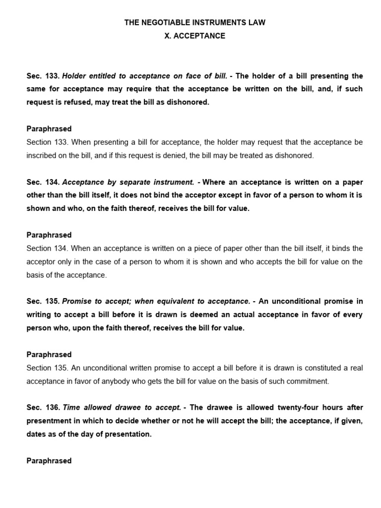 The Negotiable Instruments Law Paraphrase - Sec 133-198 | PDF ...