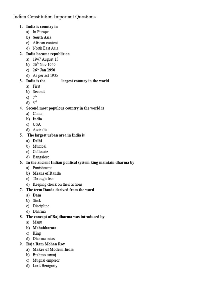 Indian Constitution Important Questions | PDF | Government | Justice