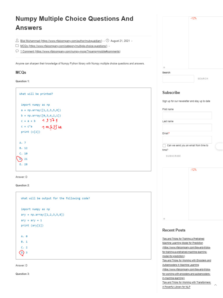 Numpy Multiple Choice Questions and Answers - NF AI | PDF | Matrix ...