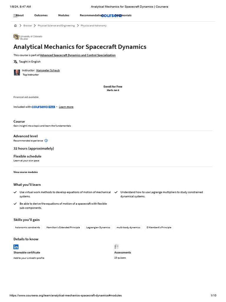 Analytical Mechanics For Spacecraft Dynamics Coursera PDF