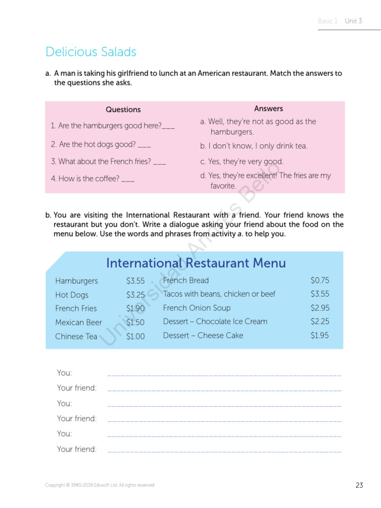 Basic 1 - Workbook - 2019-23 | PDF | Hamburgers | Lunch