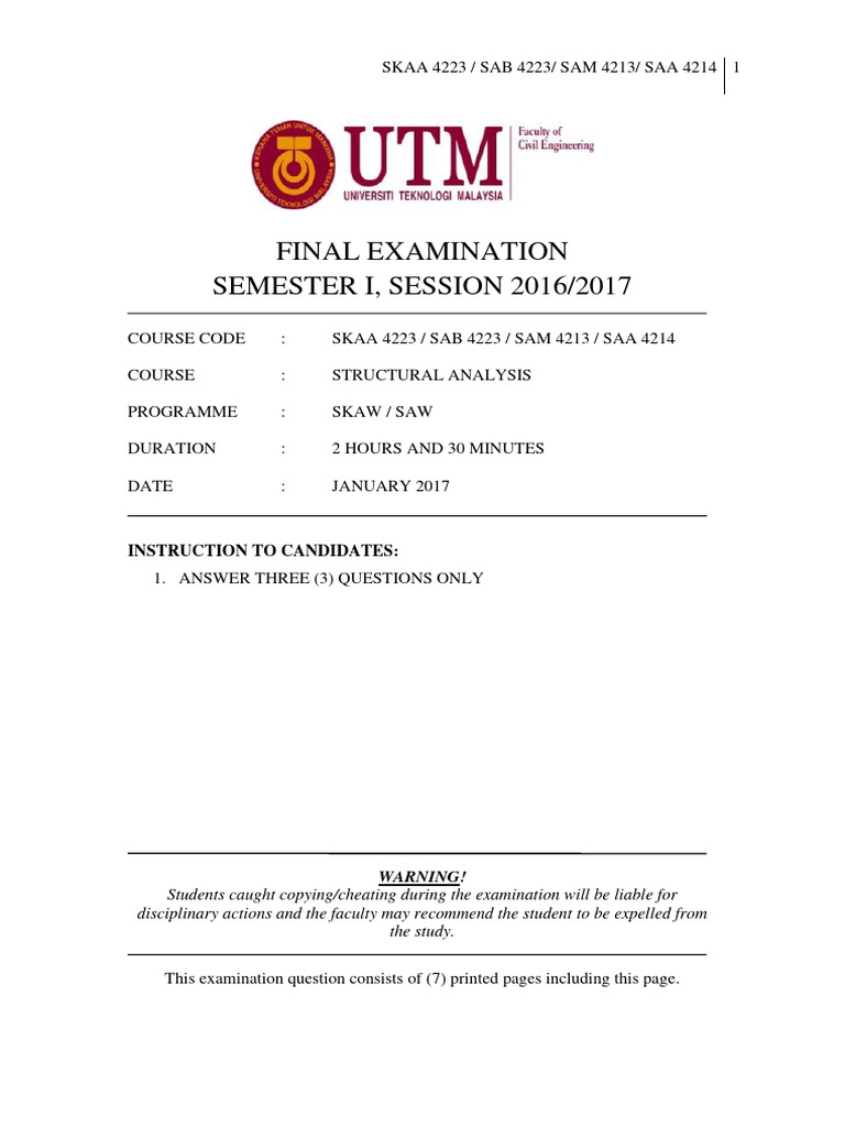 Final Examination SEMESTER I, SESSION 2016/2017: Instruction To ...