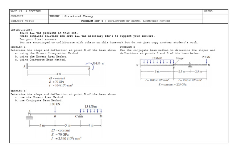 Problem Set 4: Beam Deflection Methods | PDF