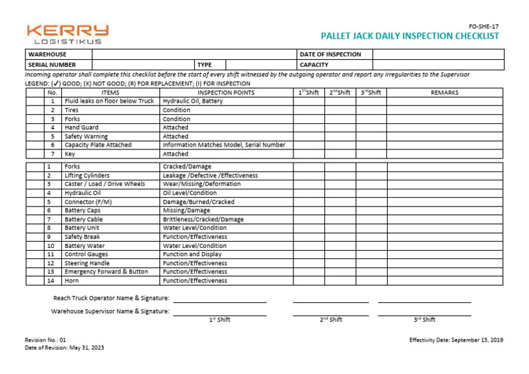 Daily Pallet Jack Inspection Checklist | PDF | Motor Vehicle | Vehicle ...