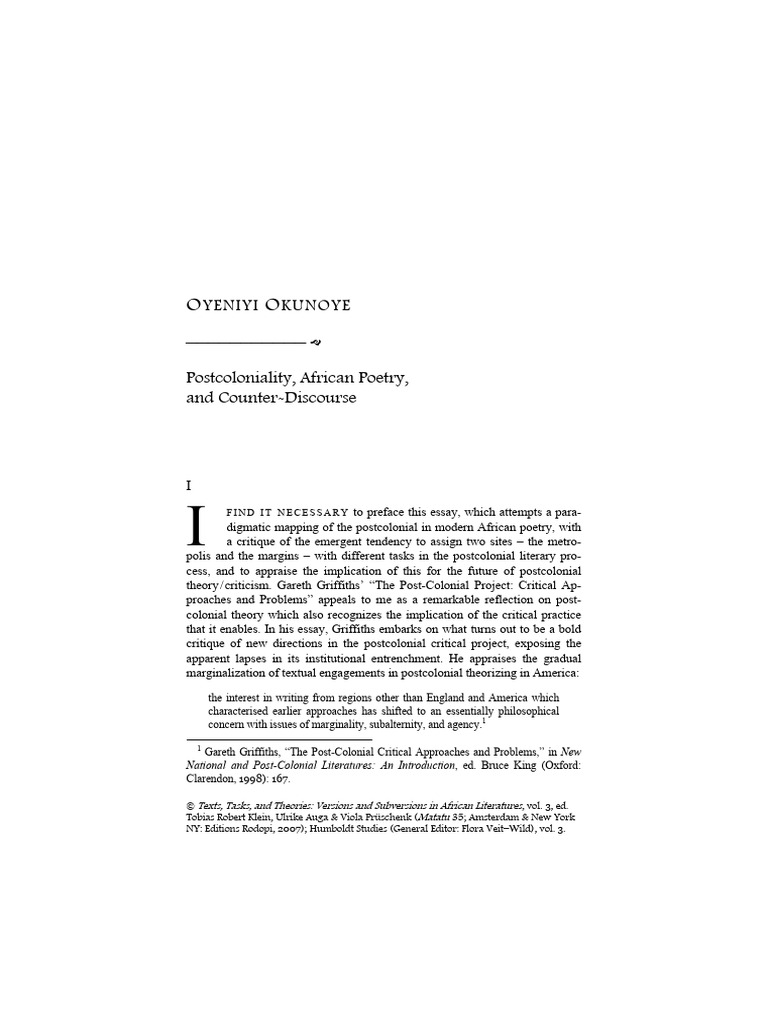 Postcoloniality, African poetry and Counter-discourse pgs 119,120 | PDF ...