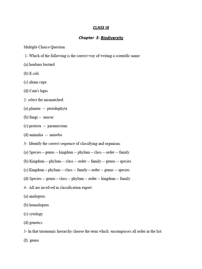 MCQs of BIOLOGY of Class IX of Chapter 03 | PDF | Taxonomy (Biology ...