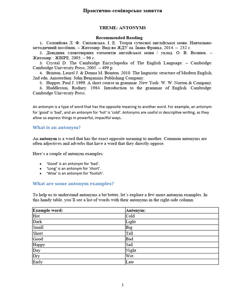 11 Antonyms Pdf Human Communication Linguistics