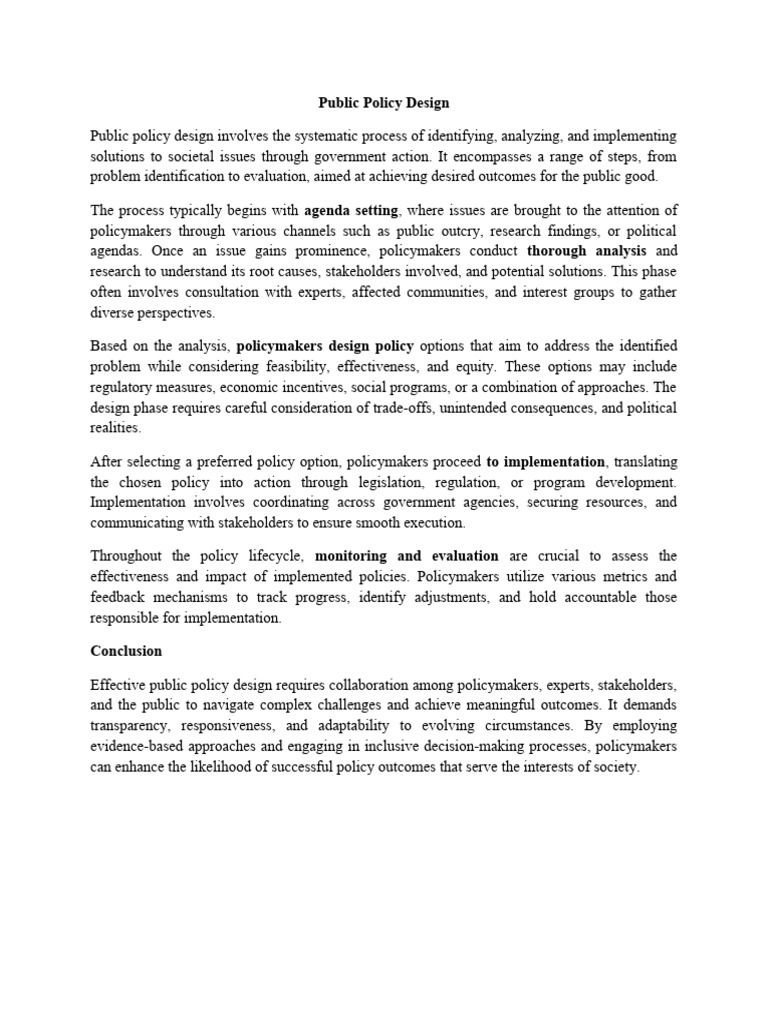 Public Policy Design and Formulation Guide | PDF | Policy | Evaluation