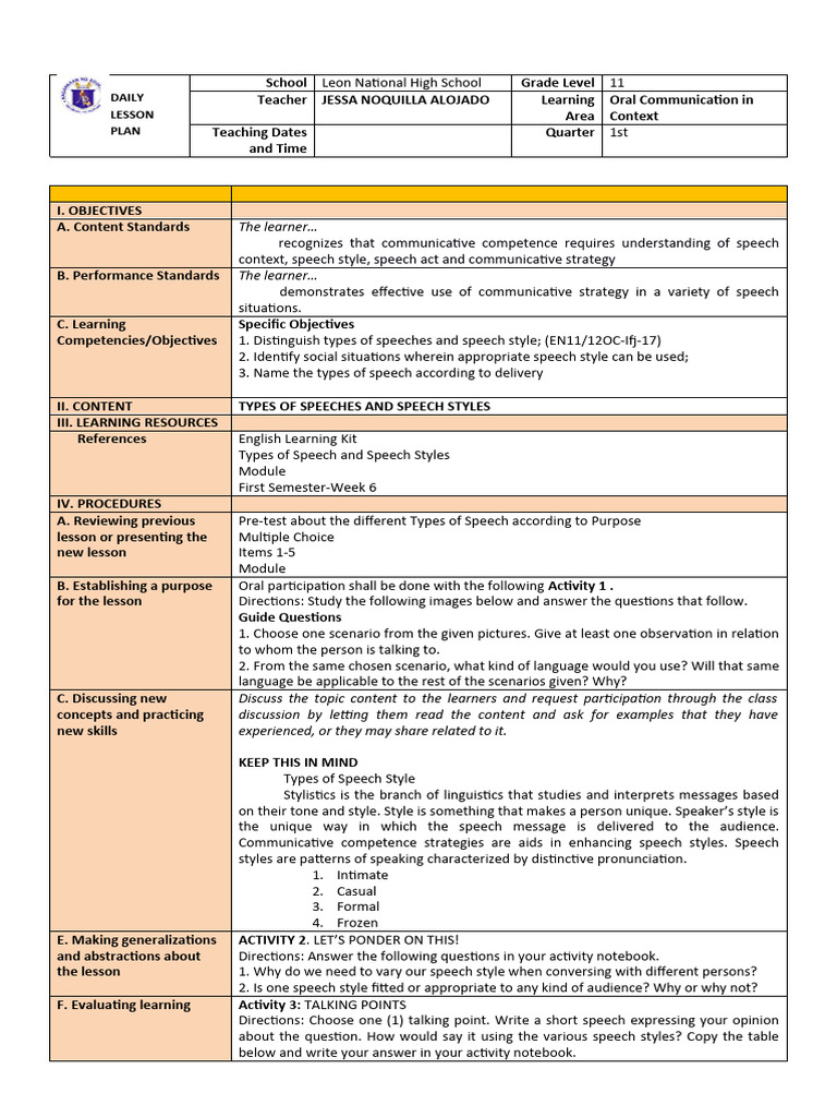 Types of Speech and Delivery Styles | PDF | Learning | Speech