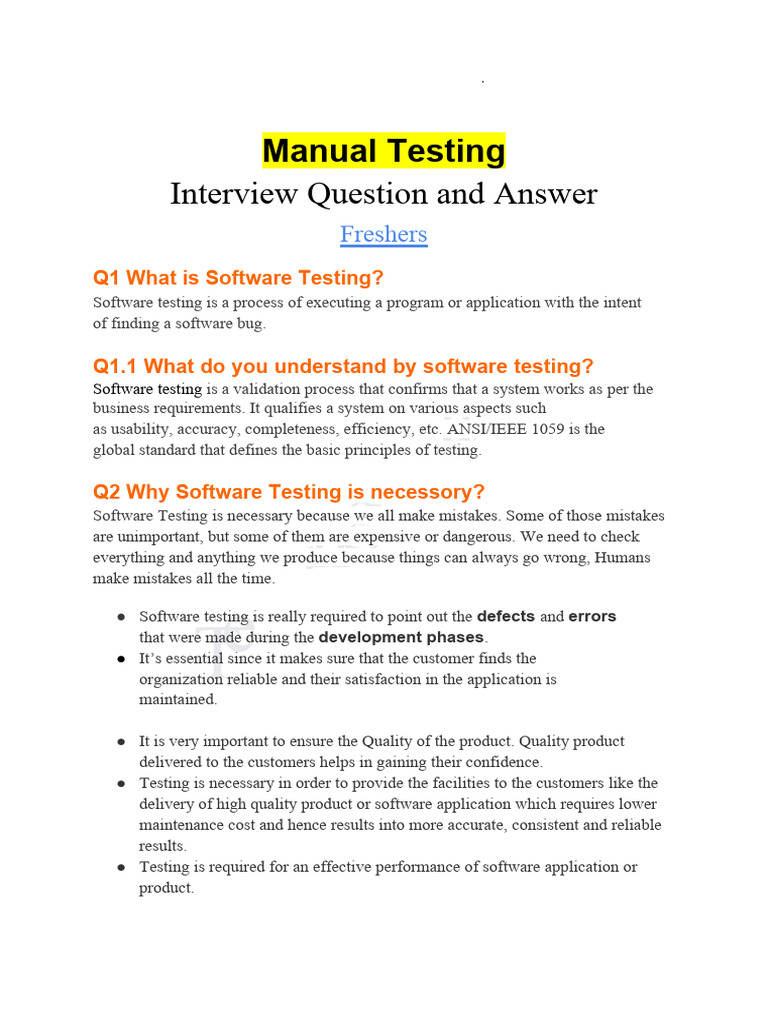 Manual Testing Interview Q&A for Freshers | PDF | Software Testing ...