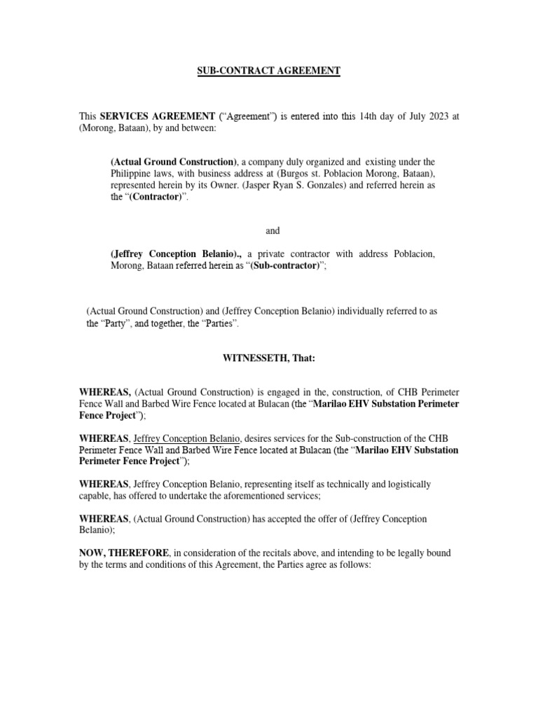 SERVICES AGREEMENT - Subcon in Marilao Proj. | PDF | Legal Liability ...