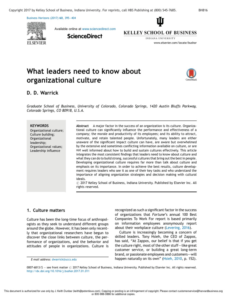 Hbr What Leaders Need To Know About Organizational Culture Pdf