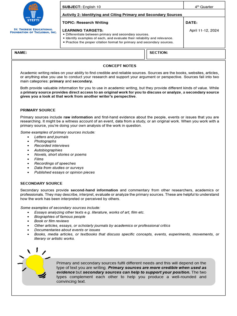 Citing Primary and Secondary Sources Guide | PDF | Citation | Primary ...