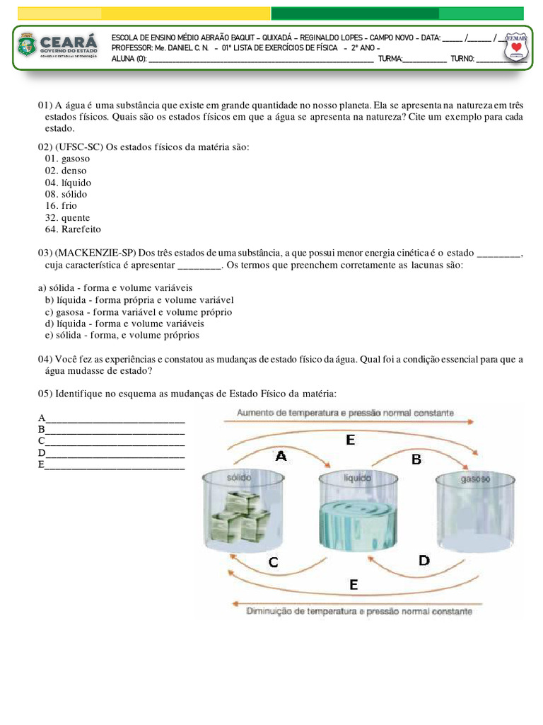 01º Lista de Exercicios - Estados Físicos Da Matéria | PDF | Congelamento |  Evaporação, image size:768x1024