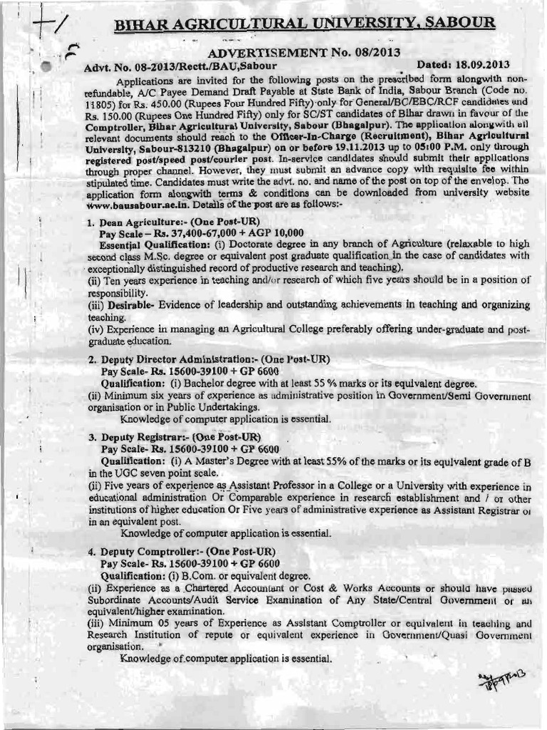 BAU Sabour Recruitment Advertisement 2013 | PDF | Academic Degree ...