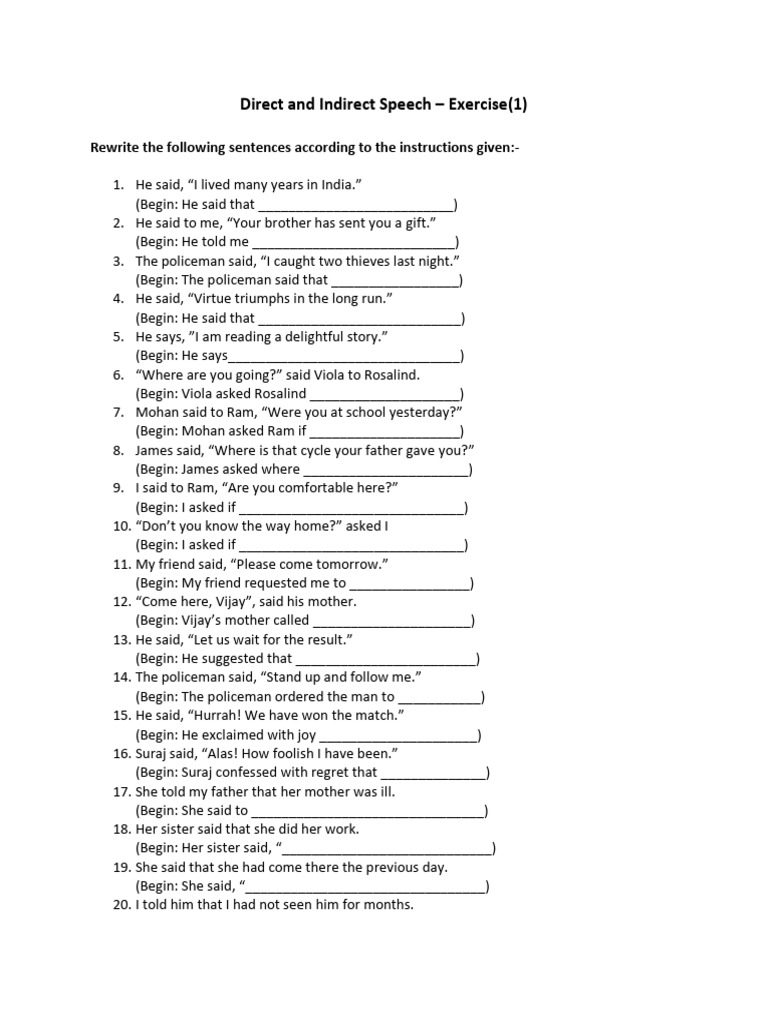 Direct and Indirect Speech - Exercise 1 | PDF