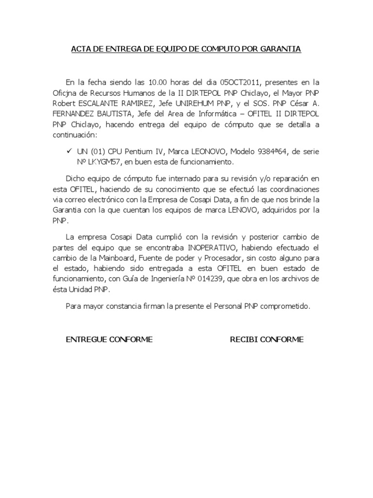 Acta de Entrega de Equipo de Computo Por Garantia