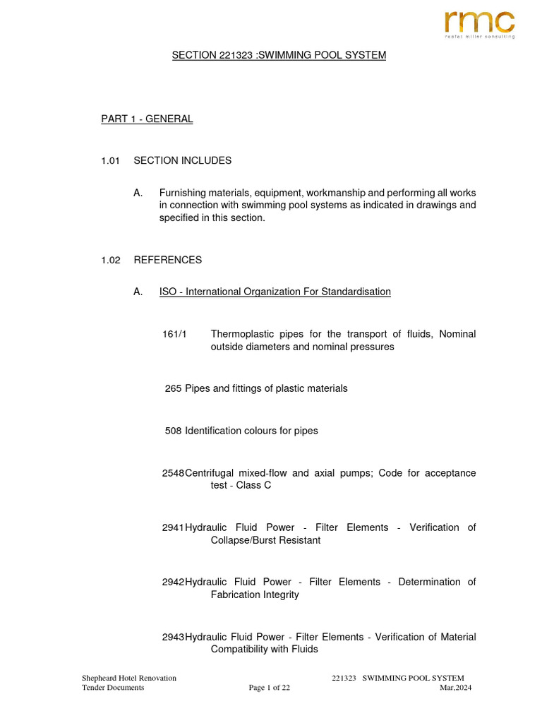 Swimming Pool System Specifications | PDF | Pipe (Fluid Conveyance) | Pump
