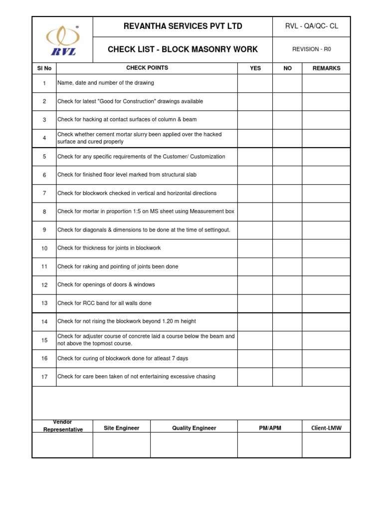 Block Masonry Work Checklist | PDF