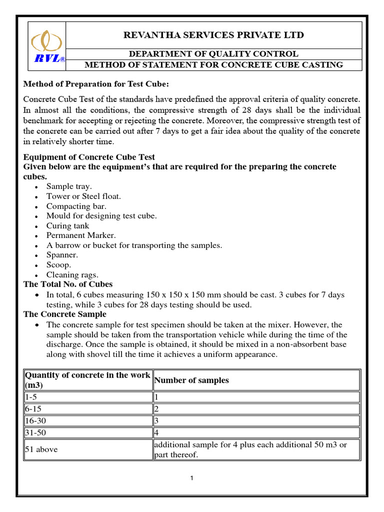 Concrete Cube Casting Method Statement | PDF | Concrete | Casting