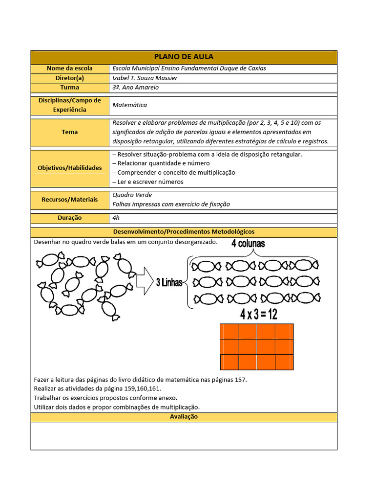 Plano de Aula - Multiplicação 2 ano retangular | PDF